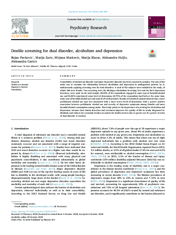 (PDF) Double screening for dual disorder, alcoholism and depression