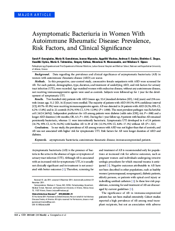 (PDF) Asymptomatic bacteriuria in women with autoimmune rheumatic ...