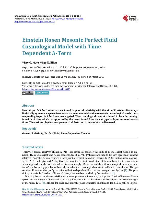 (PDF) Einstein Rosen Mesonic Perfect Fluid Cosmological Model with Time ...