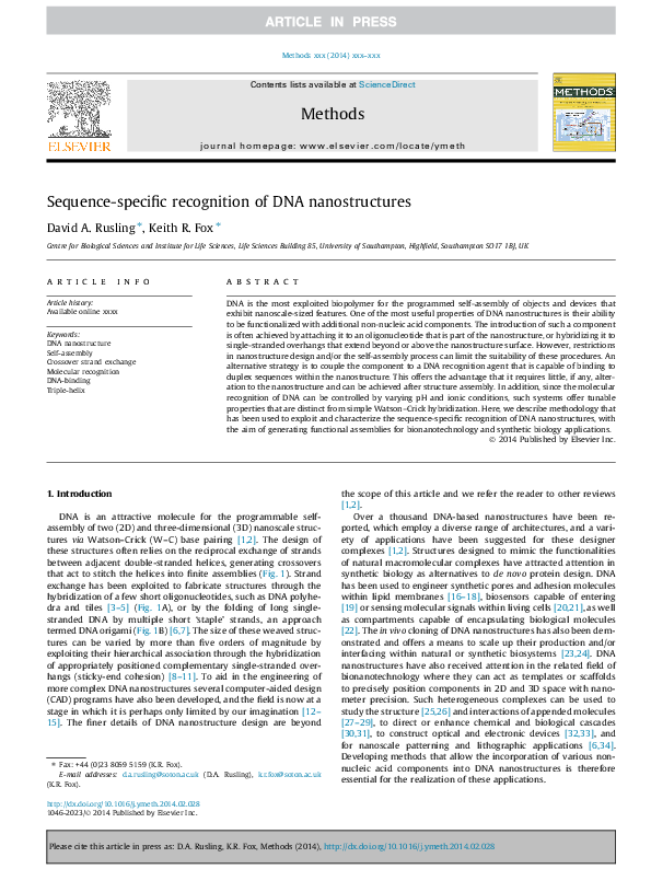 (PDF) Sequence-specific recognition of DNA nanostructures