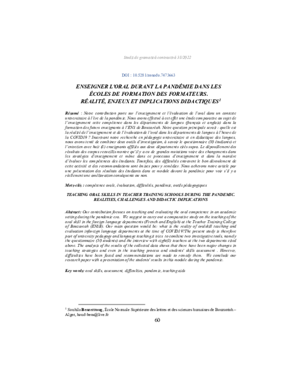 (PDF) Enseigner L'Oral Durant La Pandémie Dans Les Écoles De Formation ...