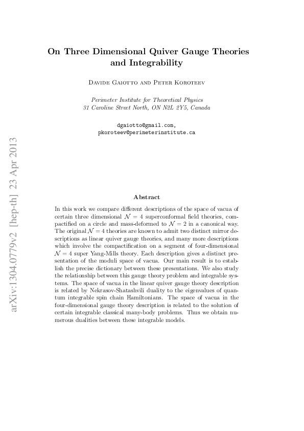 (PDF) On three dimensional quiver gauge theories and integrability