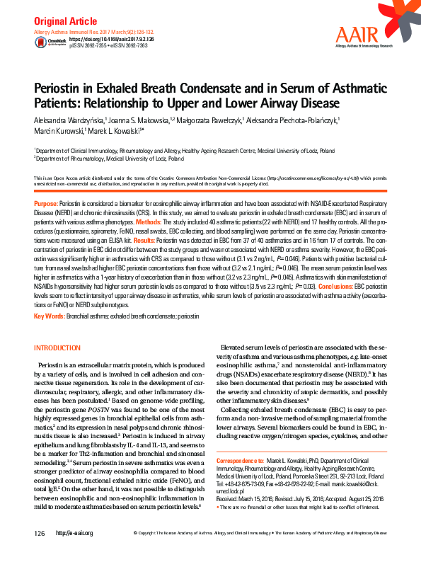 (PDF) Periostin in Exhaled Breath Condensate and in Serum of Asthmatic ...