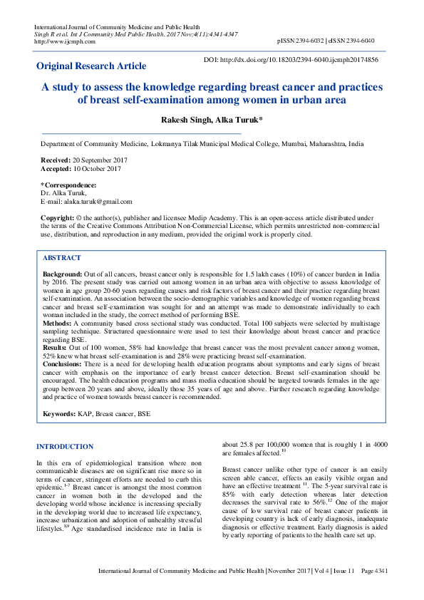 (PDF) A study to assess the knowledge regarding breast cancer and ...