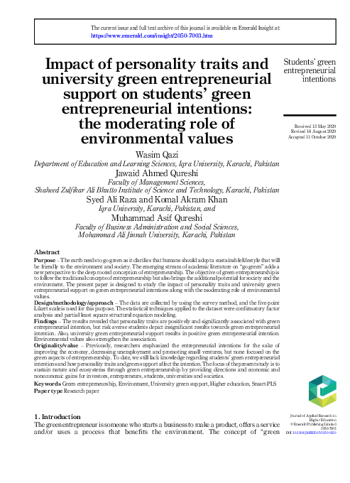 (PDF) Impact of personality traits and university green entrepreneurial ...