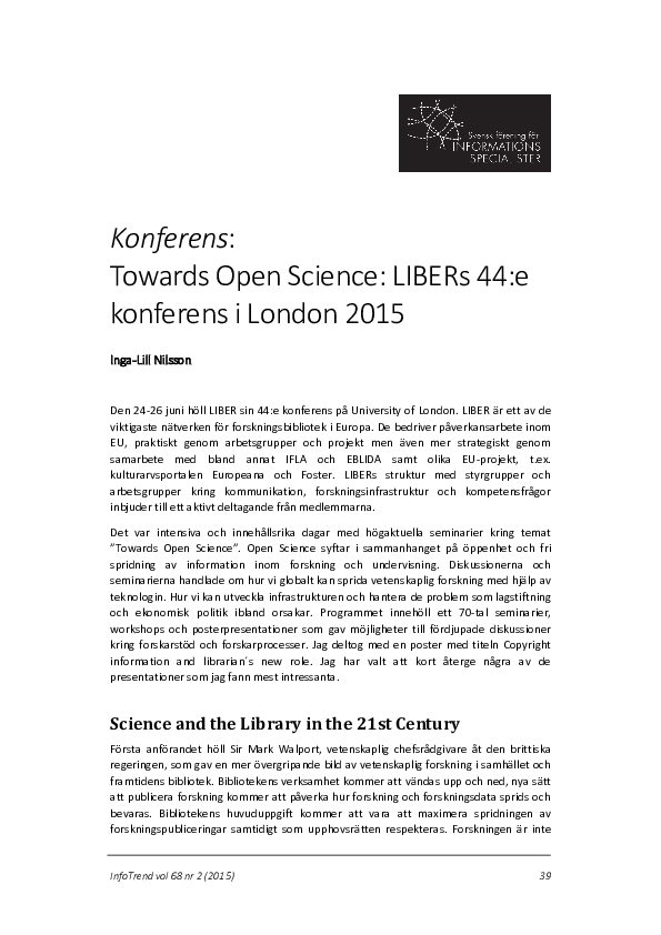 (PDF) Towards Open Science : LIBERs 44: e konferens i London 2015