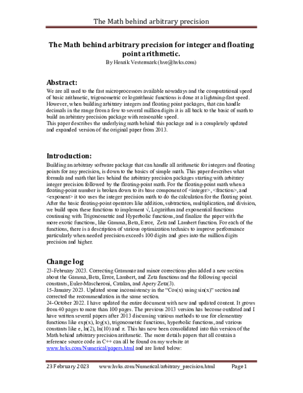 (PDF) The Math behind arbitrary precision for integer and floating