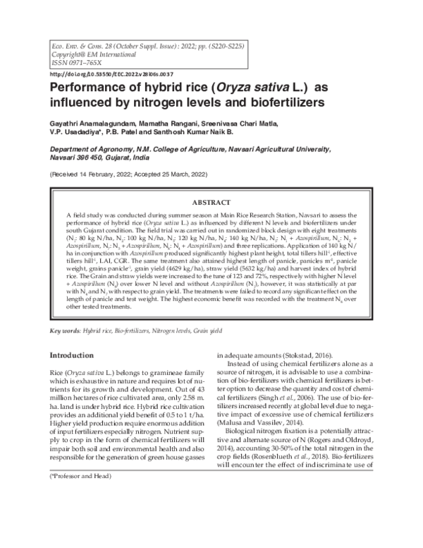 (PDF) Performance of hybrid rice (Oryza sativa L.) as influenced by ...