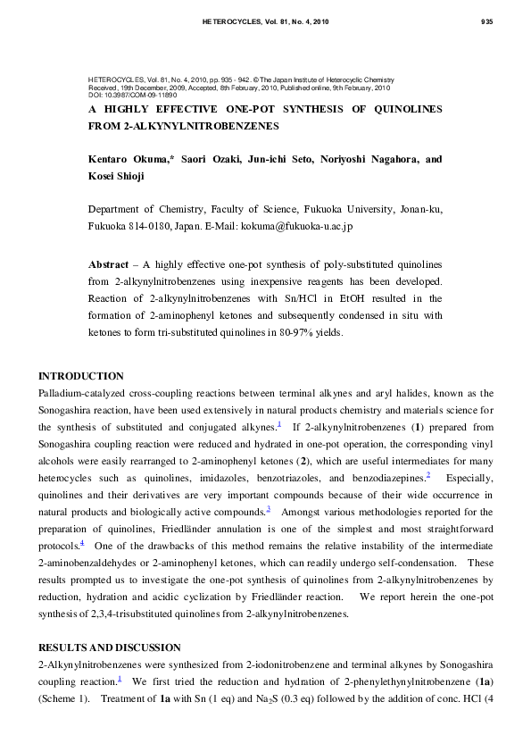 (PDF) A Highly Effective One-Pot Synthesis of Quinolines from 2 ...