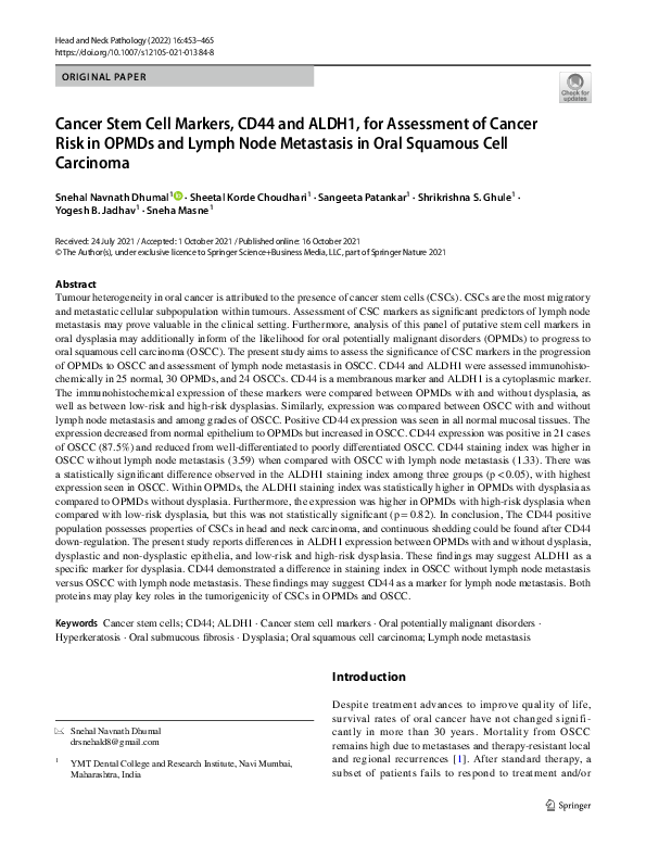 (PDF) Cancer Stem Cell Markers, CD44 and ALDH1, for Assessment of ...