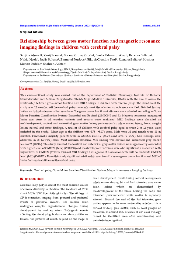 (PDF) Relationship between gross motor function and magnetic resonance ...