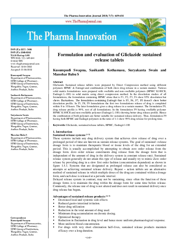 (PDF) Formulation and evaluation of Gliclazide sustained release tablets