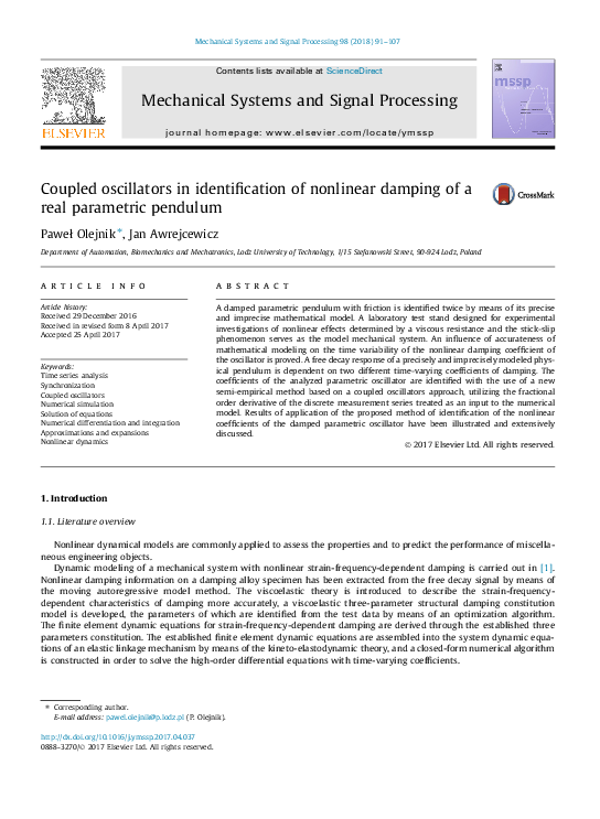 (PDF) Coupled oscillators in identification of nonlinear damping of a ...