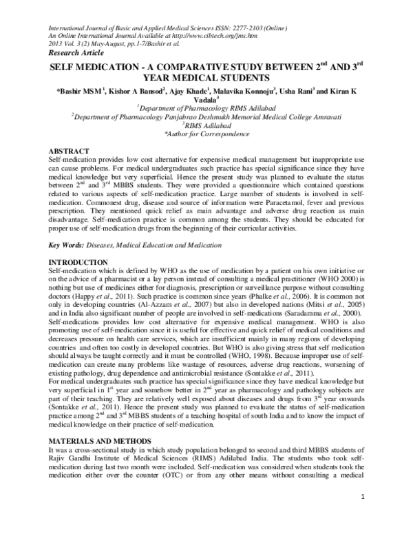 (PDF) SELF MEDICATION-A COMPARATIVE STUDY BETWEEN 2 nd AND 3 rd YEAR ...