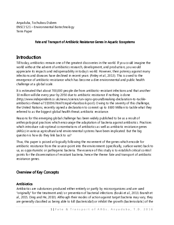 (PDF) Fate and Transport of Antibiotic Resistance Genes in Aquatic ...