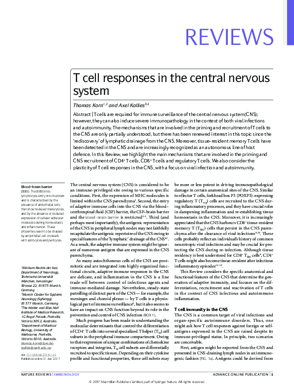 (PDF) T cell responses in the central nervous system