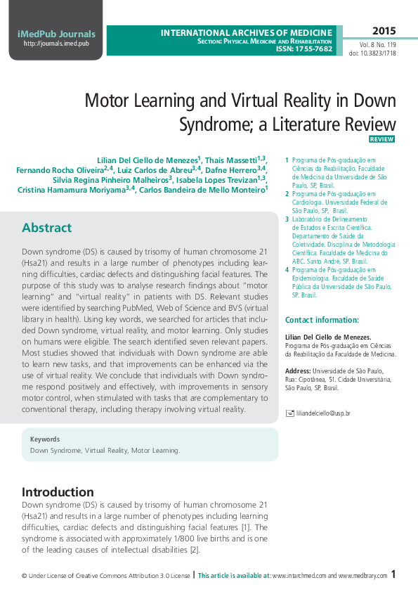 (PDF) Motor Learning And Virtual Reality In Down Syndrome - A ...