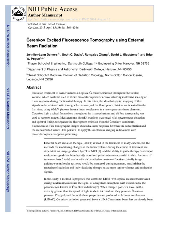 (PDF) Čerenkov Excited Fluorescence Tomography Using External Beam ...