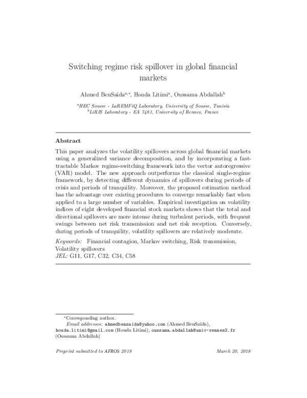 (PDF) Switching regime risk spillover in global financial markets