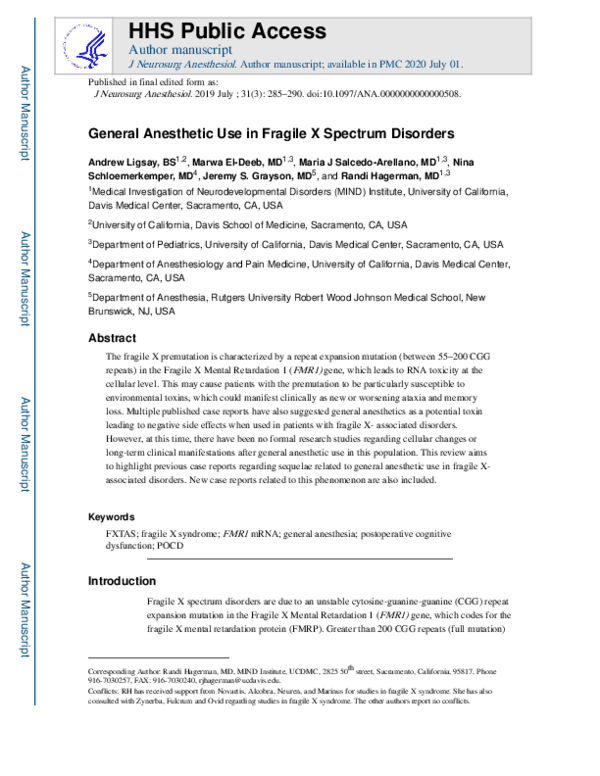 (PDF) General Anesthetic Use in Fragile X Spectrum Disorders