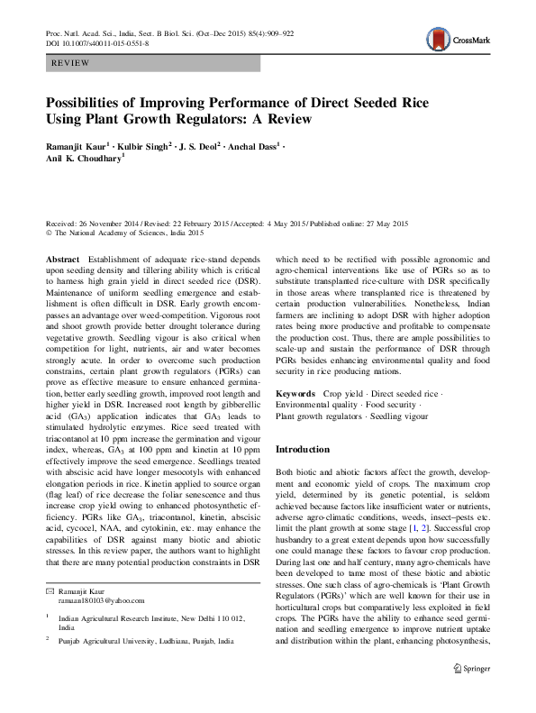 (PDF) Possibilities of Improving Performance of Direct Seeded Rice ...