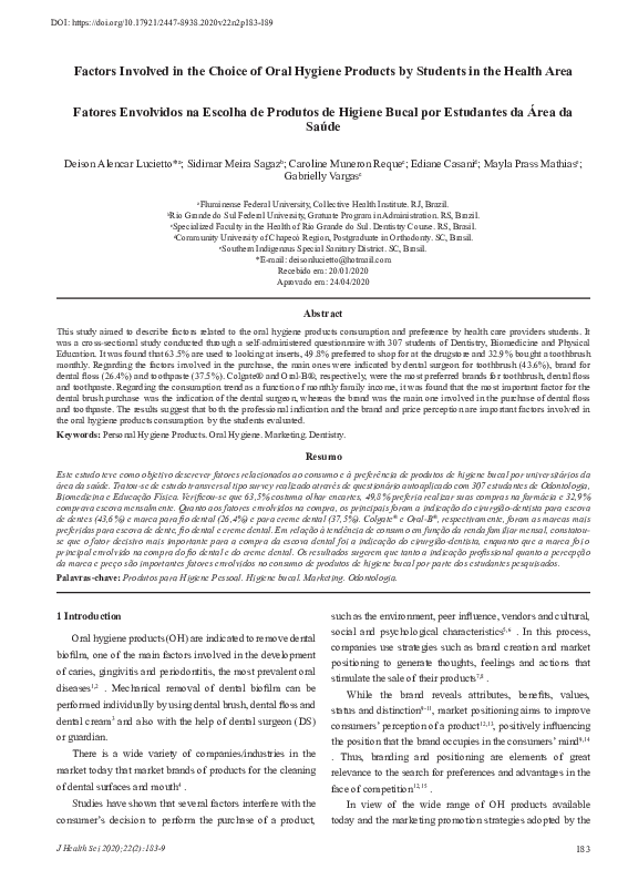 (PDF) Factors Involved in the Choice of Oral Hygiene Products by ...