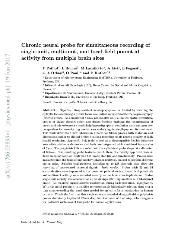 (PDF) Chronic neural probe for simultaneous recording of single-unit ...