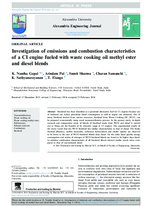 (PDF) Investigation of emissions and combustion characteristics of a CI ...