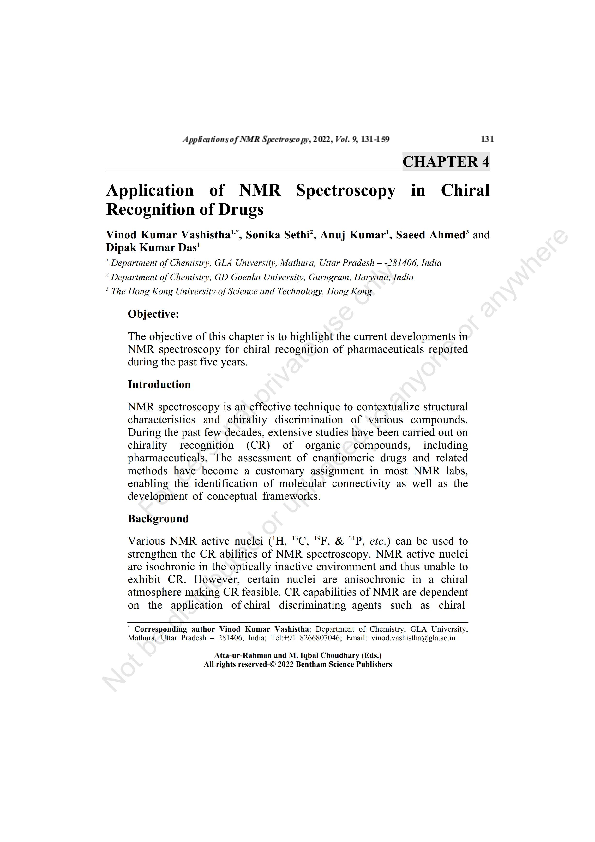 (PDF) Application of NMR Spectroscopy in Chiral Recognition of Drugs