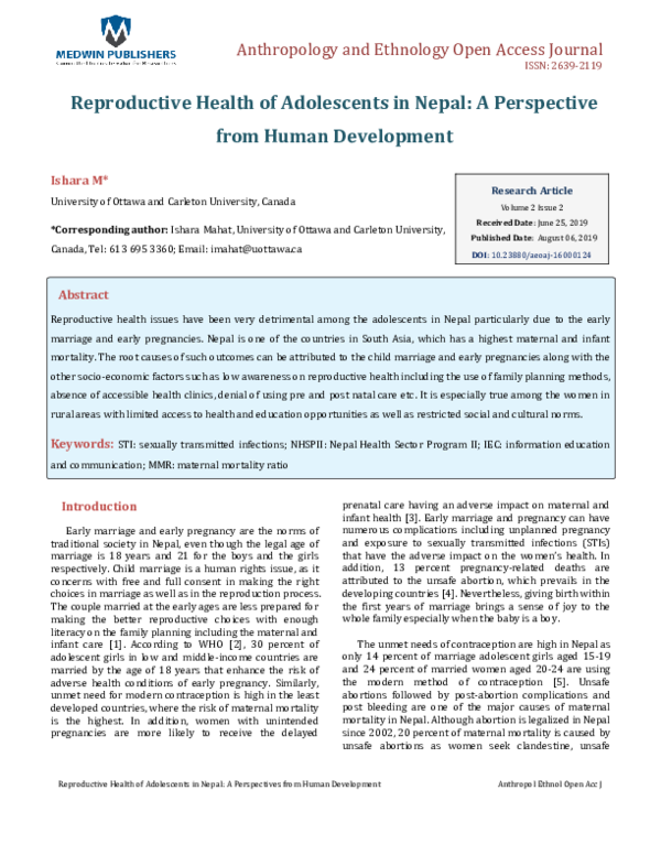 (PDF) Reproductive Health of Adolescents in Nepal: A Perspective from ...