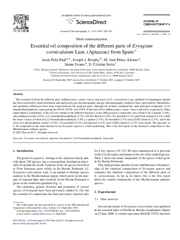 (PDF) Essential oil composition of the different parts of Eryngium corniculatum Lam. (Apiaceae
