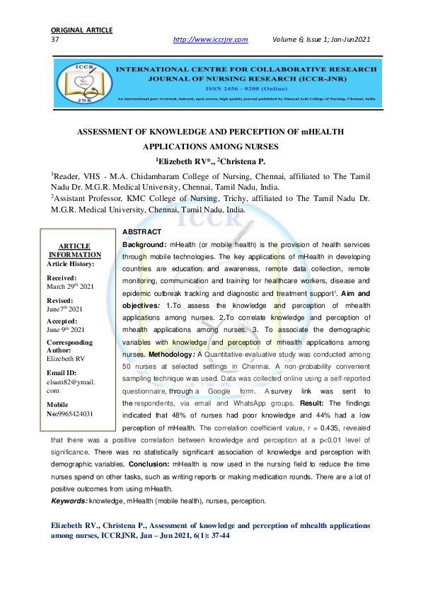 (PDF) ASSESSMENT OF KNOWLEDGE AND PERCEPTION OF mHEALTH APPLICATIONS ...