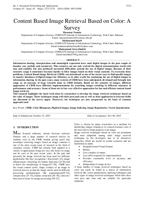 (PDF) Content Based Image Retrieval Based on Color: A Survey