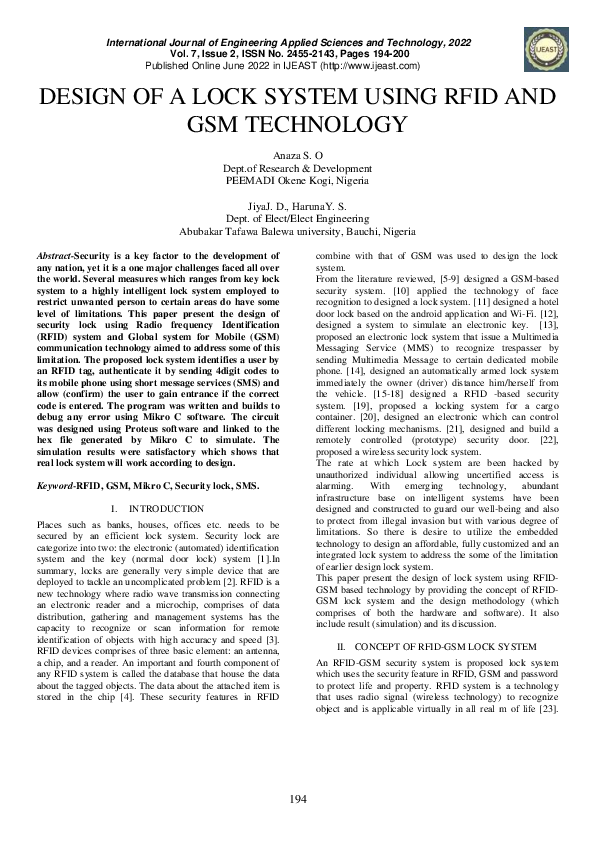 (PDF) DESIGN OF A LOCK SYSTEM USING RFID AND GSM TECHNOLOGY