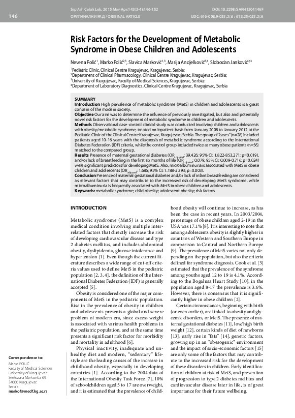 (PDF) Risk factors for the development of metabolic syndrome in obese ...