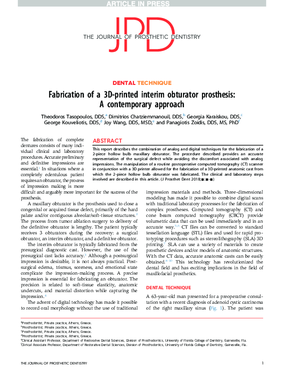 (PDF) Fabrication of a 3Dprinted interim obturator prosthesis A
