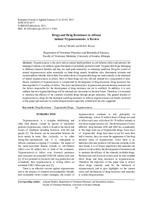 (PDF) Drugs and Drug Resistance in African Animal Trypanosomosis: A Review