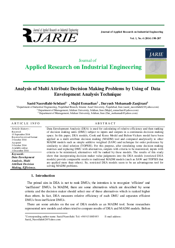 (PDF) Analysis of Multi Attribute Decision Making Problems by Using of ...