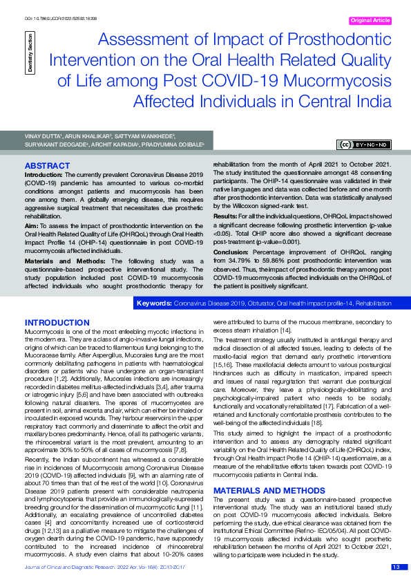 (PDF) Assessment of Impact of Prosthodontic Intervention on the Oral ...