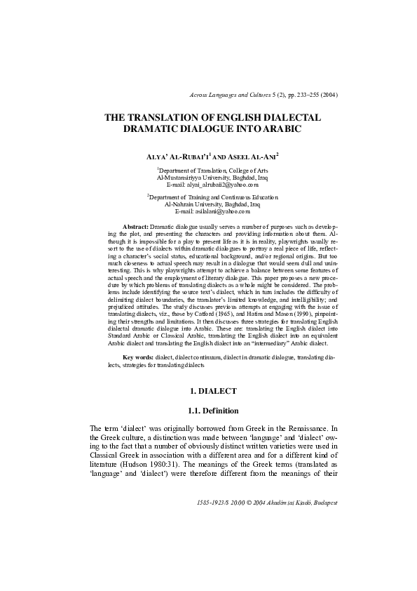 (PDF) The Translation of English Dialectal Dramatic Dialogue into Arabic