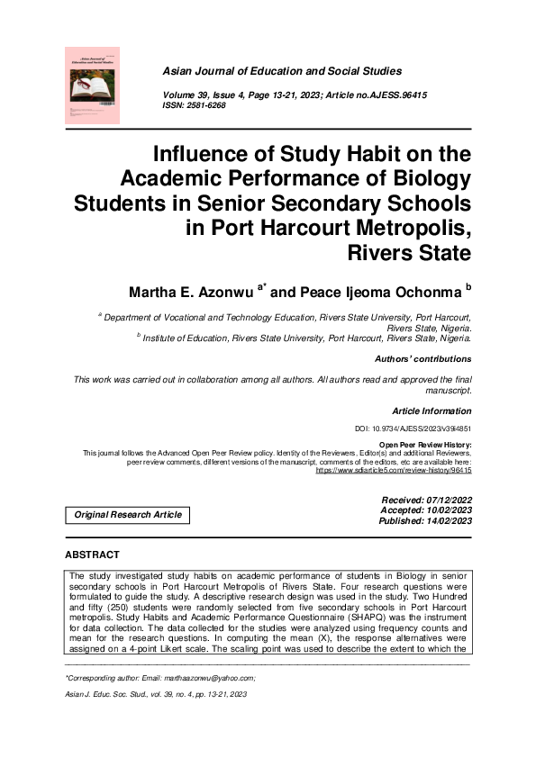 (PDF) Influence of Study Habit on the Academic Performance of Biology ...