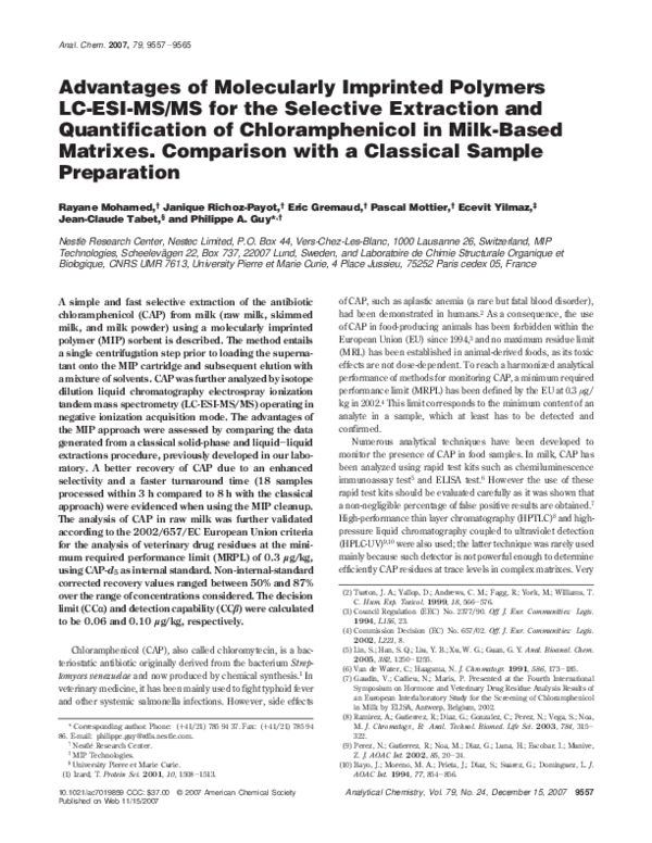 (PDF) Advantages of Molecularly Imprinted Polymers LC-ESI-MS/MS for the ...