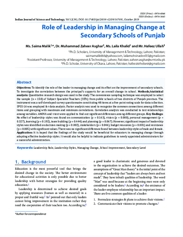 (PDF) Role of Leadership in Managing Change at Secondary Schools of Punjab