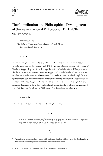 The Contribution and Philosophical Development of the Reformational Philosopher, Dirk H. Th. Vollenhoven