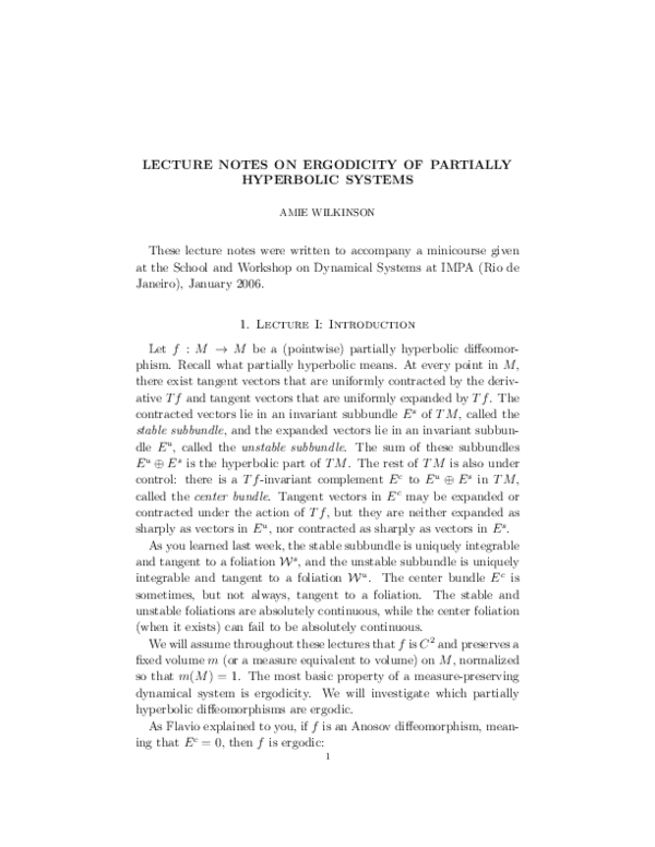 (PDF) Notes on Ergodicity of Partially Hyperbolic Systems