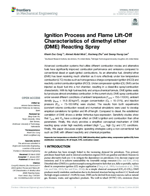 (PDF) Ignition Process and Flame Lift-Off Characteristics of dimethyl ...