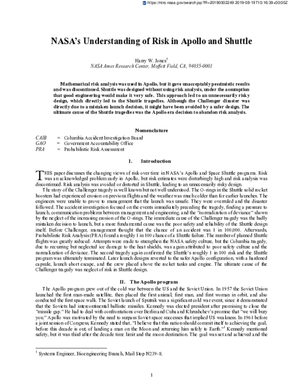 (PDF) NASA’s Understanding of Risk in Apollo and Shuttle