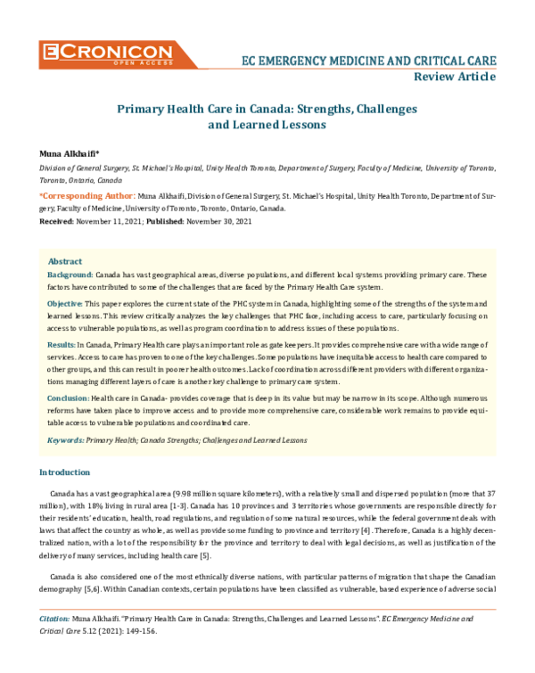 (PDF) Primary Health Care in Canada: Strengths, Challengesand Learned ...
