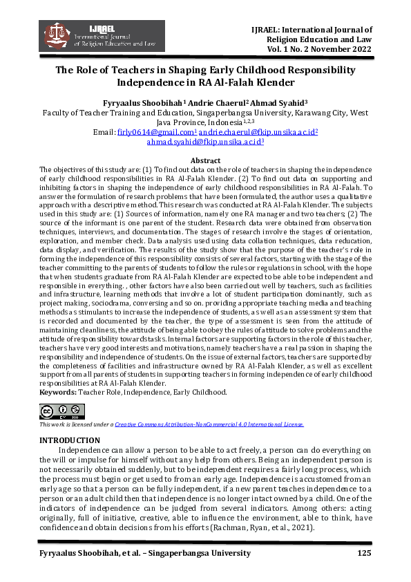 (PDF) The Role of Teachers in Shaping Early Childhood Responsibility ...