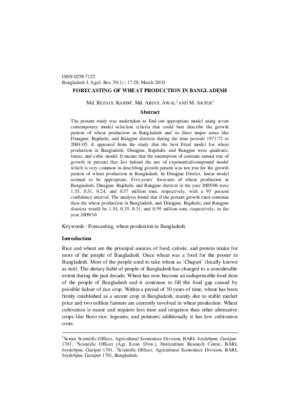 (PDF) Forecasting of wheat production in Bangladesh